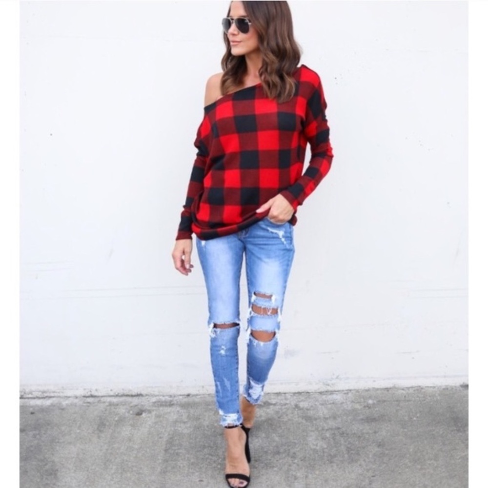 SOLD OUT Red Buffalo Plaid Check Checkered One Off the Shoulder Soft Sweater - Picture 4 of 6